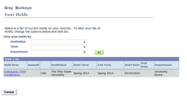 My Buckeye Link Your Holds page
