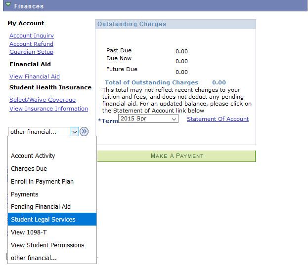 My BuckeyeLink Finances section displaying other financial... drop down menu. Drop down menu options include: Account Activity, Charges Due, Enroll in Payment Plan, Payments, Pending Financial Aid, Student Legal Services, View 1098-T and View Student Permissions 