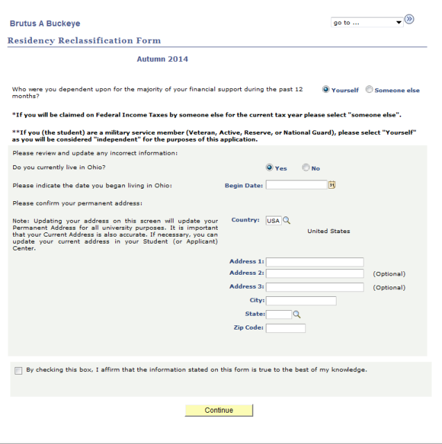 Residency Classification Form update and affirm information