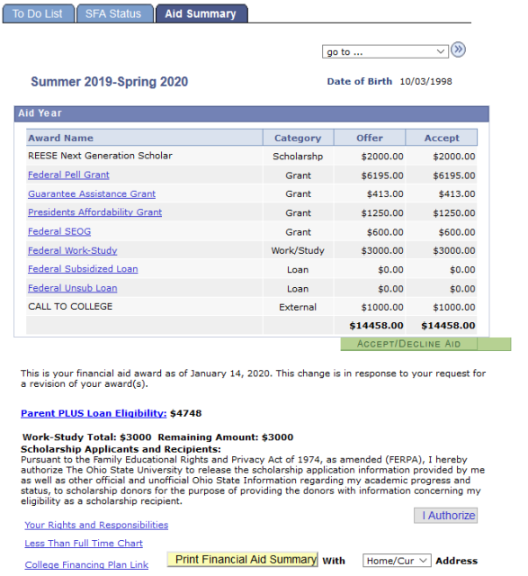 Financial Aid: Award Summary page. This page itemizes and summarises a Student's Financial Aid for the year. 