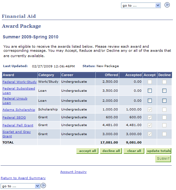 Student Financial Aid Award Package page 