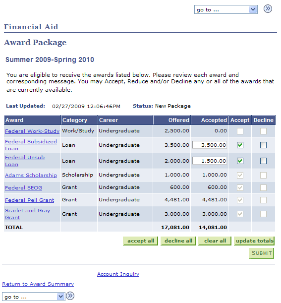 Student Financial Aid Award Package page. This page presents a students financial aid package for a given term and or academic year.