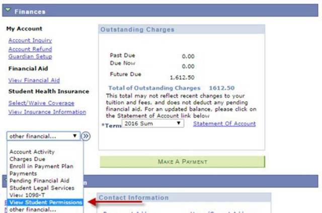 My BuckeyeLink Finances Section.My BuckeyeLink landing page with the Finances section highlighted. The other  financial drop down menu is show with View Student Permissions option selected.   