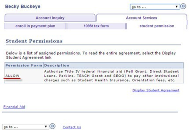 Student Permissions tab. Allow appears under permission Form. A Display Student Agreement link  also appears. 