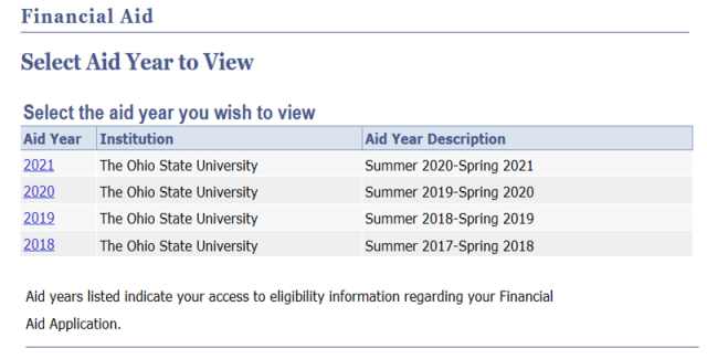 My Buckeye Link Financial Aid:Select Aid Year to View