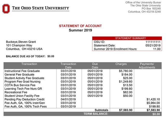 Statement of Account  includes the following columns: Transaction, Transaction Date, Due Date, Charges and Payments/Adjustments. A notes area and statement summary are additional areas. 