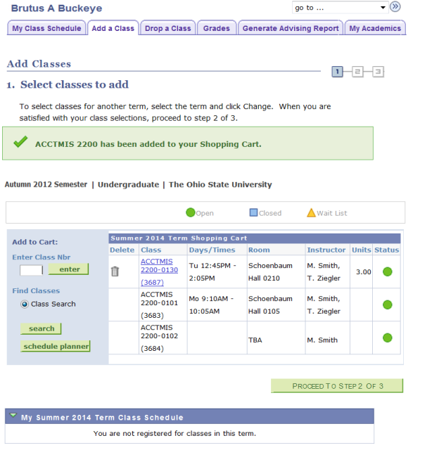 Add Classes page: shopping cart
