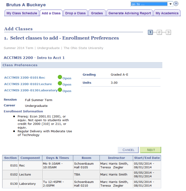 Enrollement Preferences Select Courses to Add 