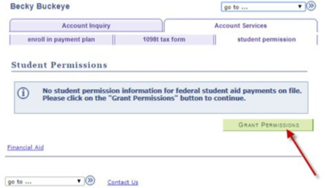 The Student Permissions tab is displayed. A green Grant Permissions button is highlighed. 