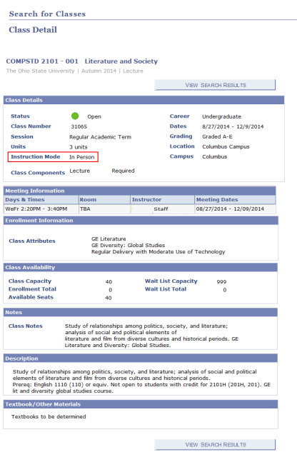 Class detail page which displays information about a particular class section