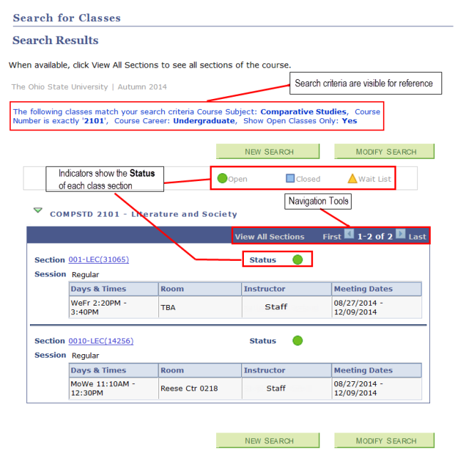 Class Search Results page with Callouts highlighting each part