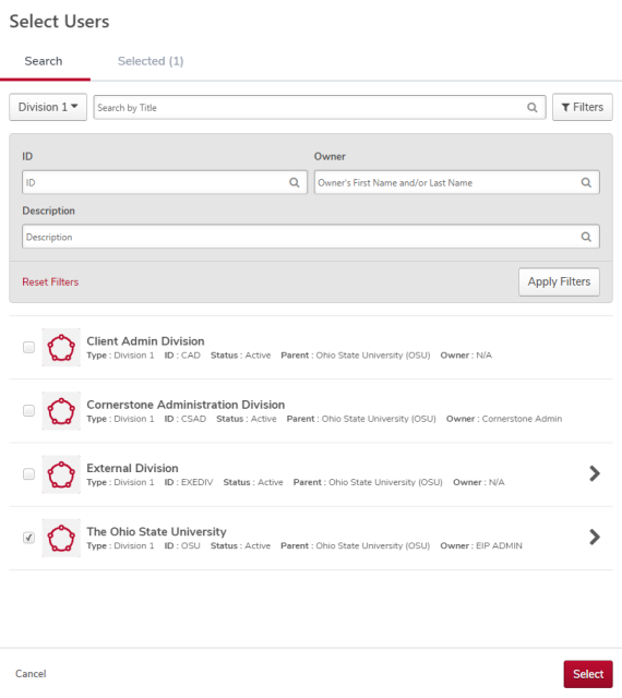 the select users flyout