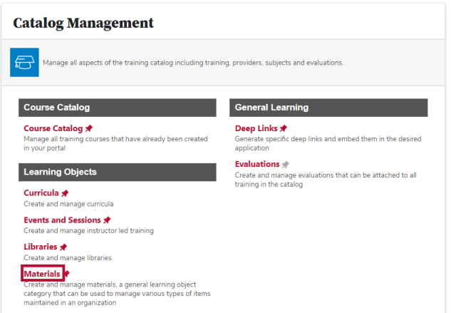 the catalog management page with the Materials link circled