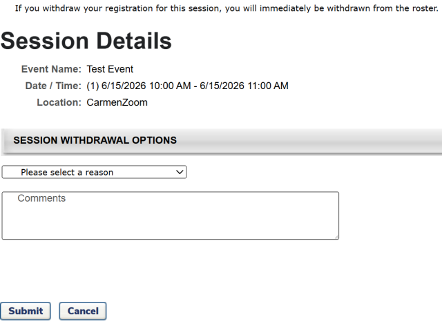 The Withdraw Registration page