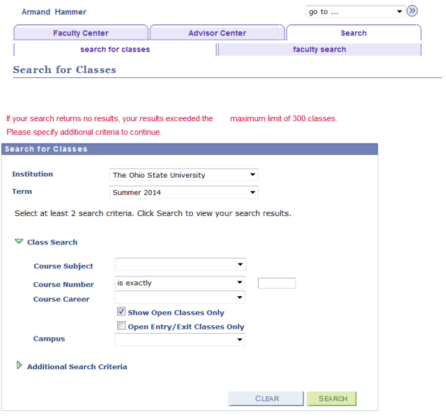 Faculty Center - Search for Classes page