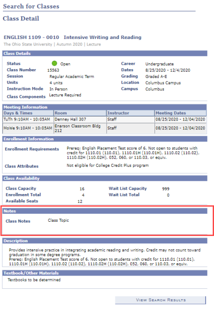 My Buckeye Link Class Detail page