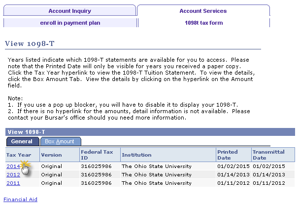 My Buckeye Link View 1098-T page