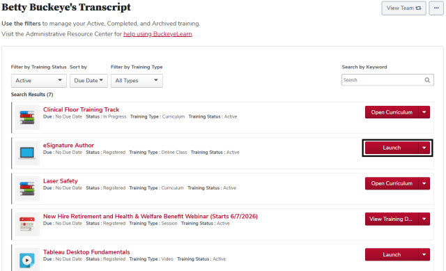 Transcript page with launch button circled
