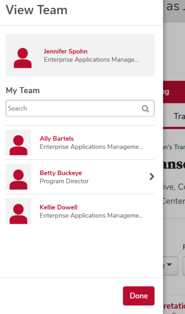 A manager's transcript with the View Team button and view team flyout menu with employee names circled