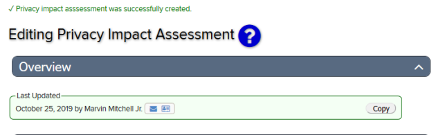 Header of the Editing Privacy Impact Assessment Inventory page. The message Privacy Impact Assessment registration was successfully created appears at the top of this page 