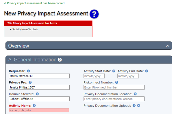 New Privacy Impact Assessment  page, the top section of the page is shown.Privacy impact assessment has been copied.  An error message displays This Privacy Impact Assessment inventory has 1 error. Activity Name is blank. The Overview  and the General Information tabs appear  below  the error  message.