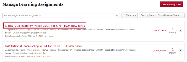 The manage learning assignment page with a dynamic assignment title circled