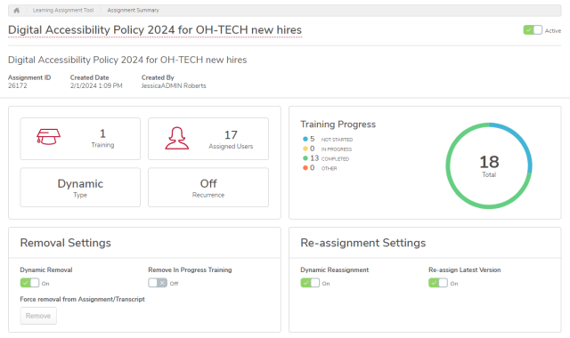 Assignment Summary page with dynamic removal, remove in progress training, dynamic reassignment, and re-assign latest version options circled