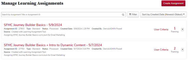 The manage learning assignment page with a standard assignment title circled