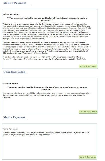 MyBuckeye Link Make a Payment page. This page has three sections Make a Payment which features a Make A Payment button. Guardian Setup which contains a Guardian Setup button and a Mail a Payment section with a Mail a Payment button    