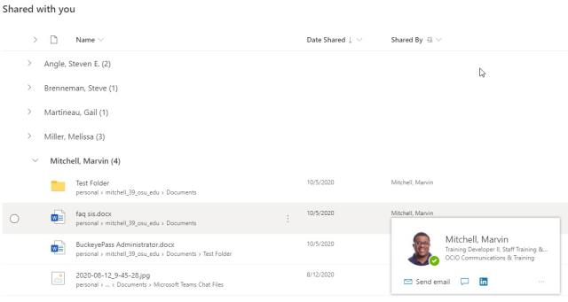 Screen of Shared files grouped by Shared By grouping option