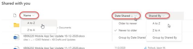 OneDrive Shared Column Header menus showing sorting and grouping options