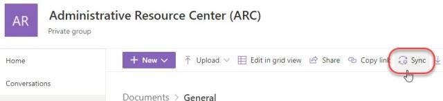 Sync icon highlighted in the web interface toolbar of Sharepoint