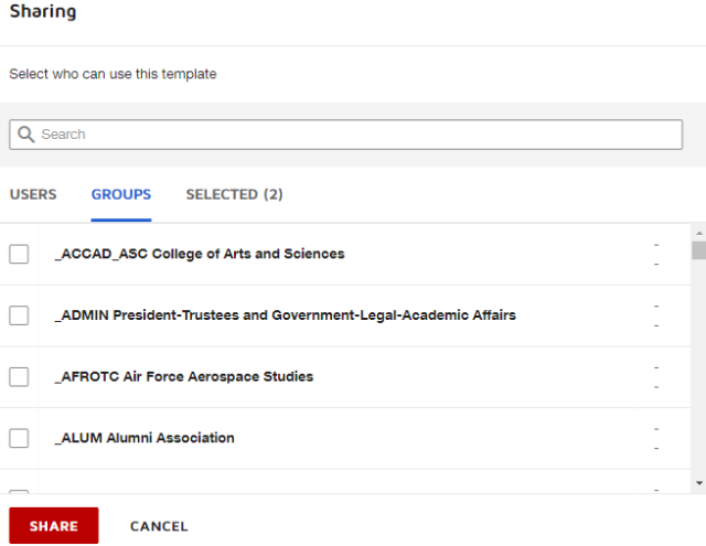 the share with groups page