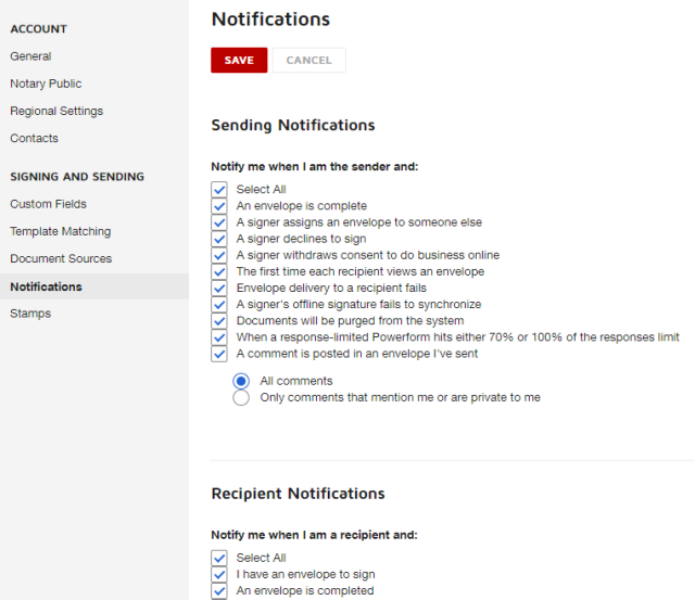 the notifications page