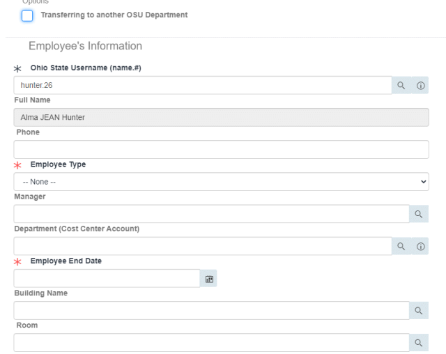 Employee information section for rolling off