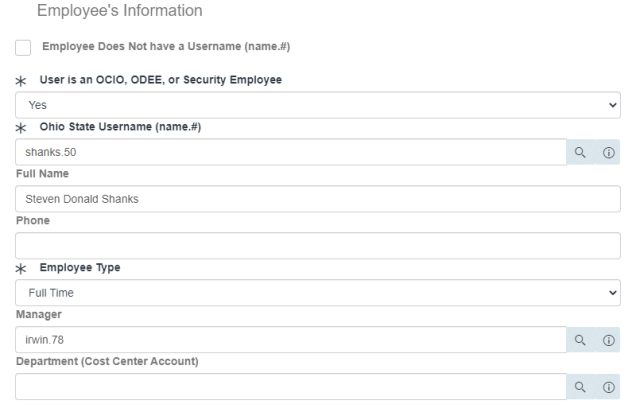 Employee Information section of the request item