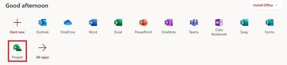 App launcher in Microsoft 365 highlighting MS Project