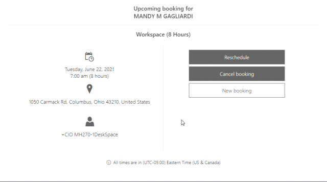 Completed booking window showing the details of the booking you just made