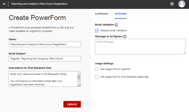 the create powerforms page with the options tab visible