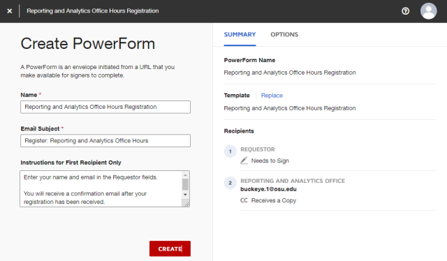 the create powerform page