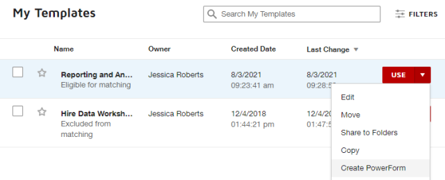 the templates page with the dropdown menu expanded