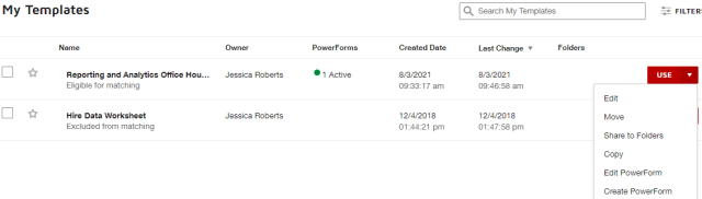 the templates page with the dropdown menu expanded sowing the edit powerforms option