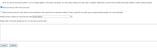 the remove training page with the reason menu expanded, showing multiple options