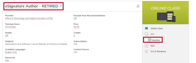 the course console page for a training with the title and the active/inactive toggle circled
