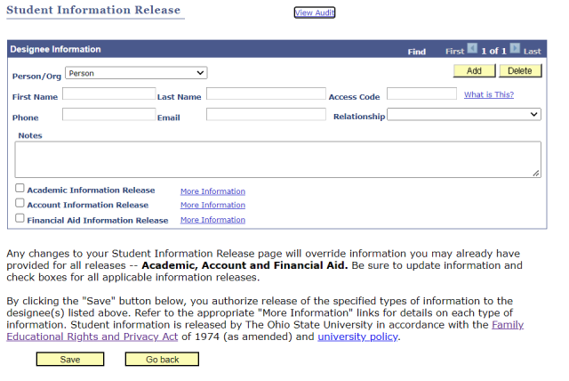 screenshot of the Student Information page