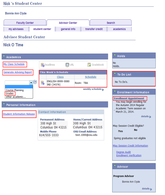 Advisor Center with different links highlighted showing the different tasks that can be done.
