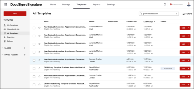 DocuSign eSignature Templates page. This page displays a list of all templates. The New Graduate Associate Document is highlighted.