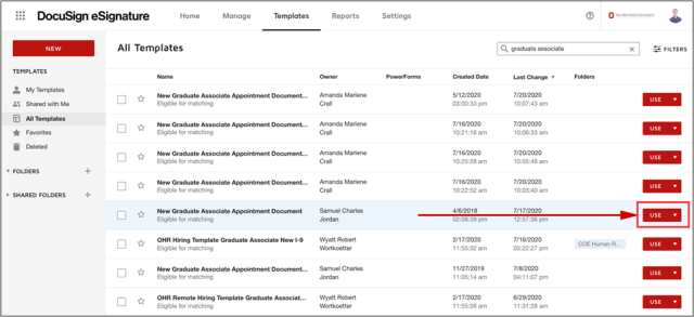 DocuSign eSignature Templates page listing All Templates. The New Graduate Associate Appointment Document is highlighted with the Use button to the right of each listing. 