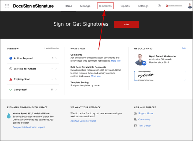 DocuSign eSignature homepage  with navigation bar options Home, Manage, Templates, Reports and Settings. The Templates option is highlighted.
