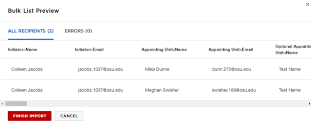 Import Bulk List dialogue box with Download CSV Template link and Import button